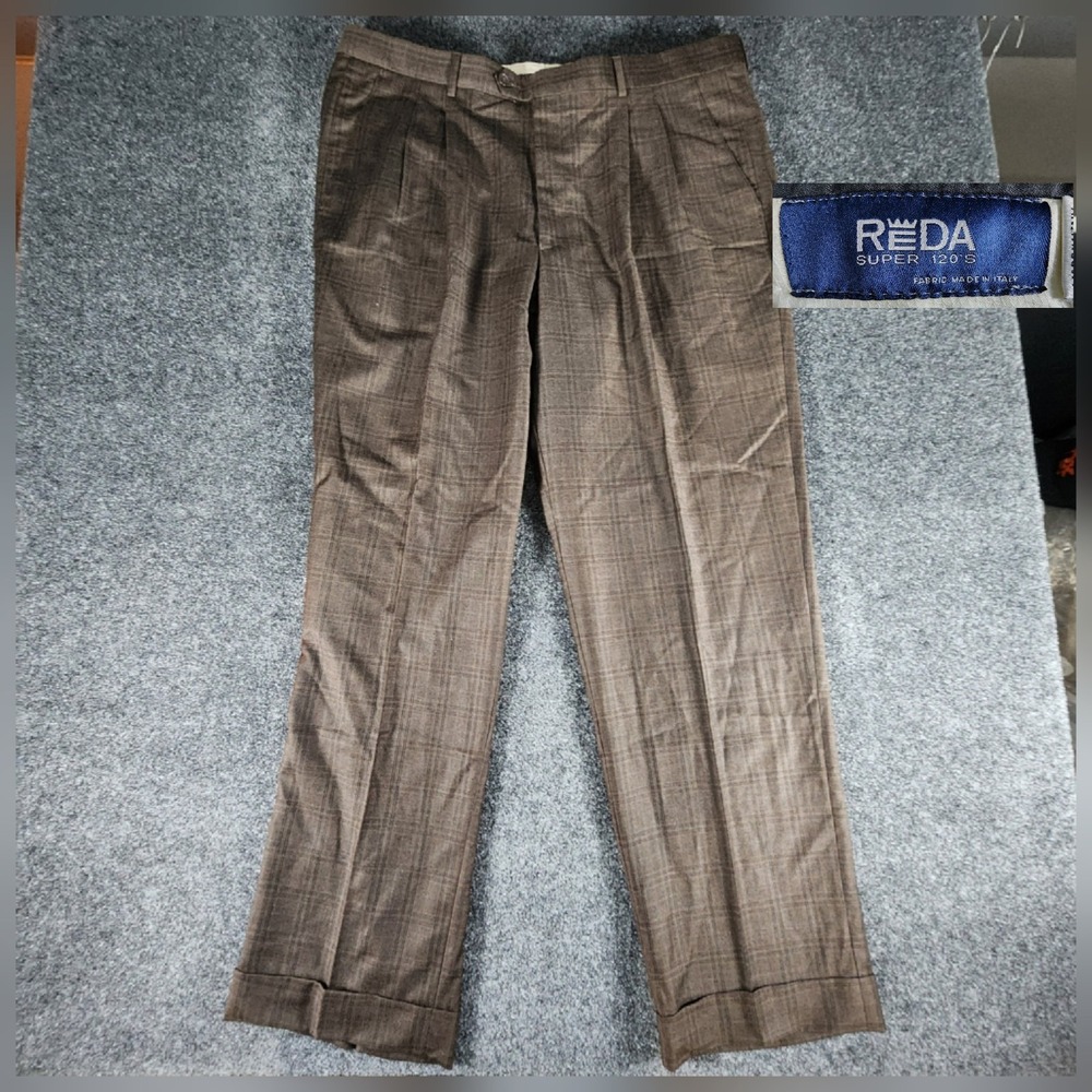Reda Wool Dress Pants Men's 40x33 Brown Plaid Super 120's Classy Trousers